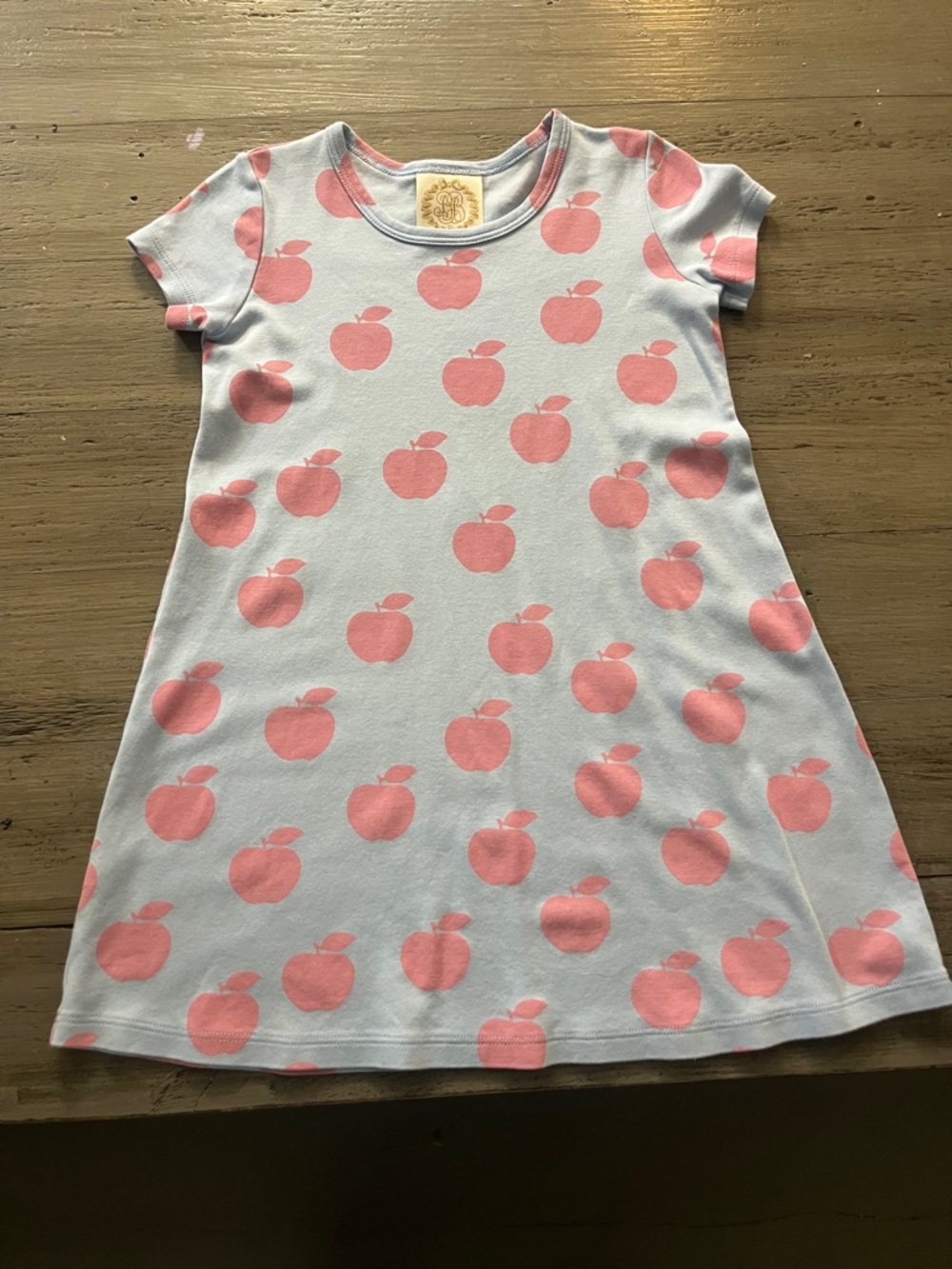 The Beaufort Bonnet Company Girls' Light Blue Dress with Pink Apple Print
